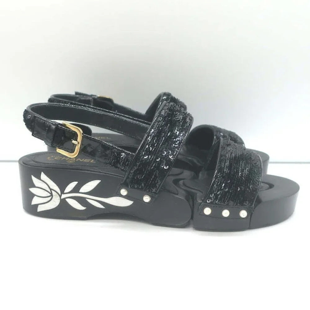 Chanel 16C Sequin Slingback Sandals Black Size 38.5